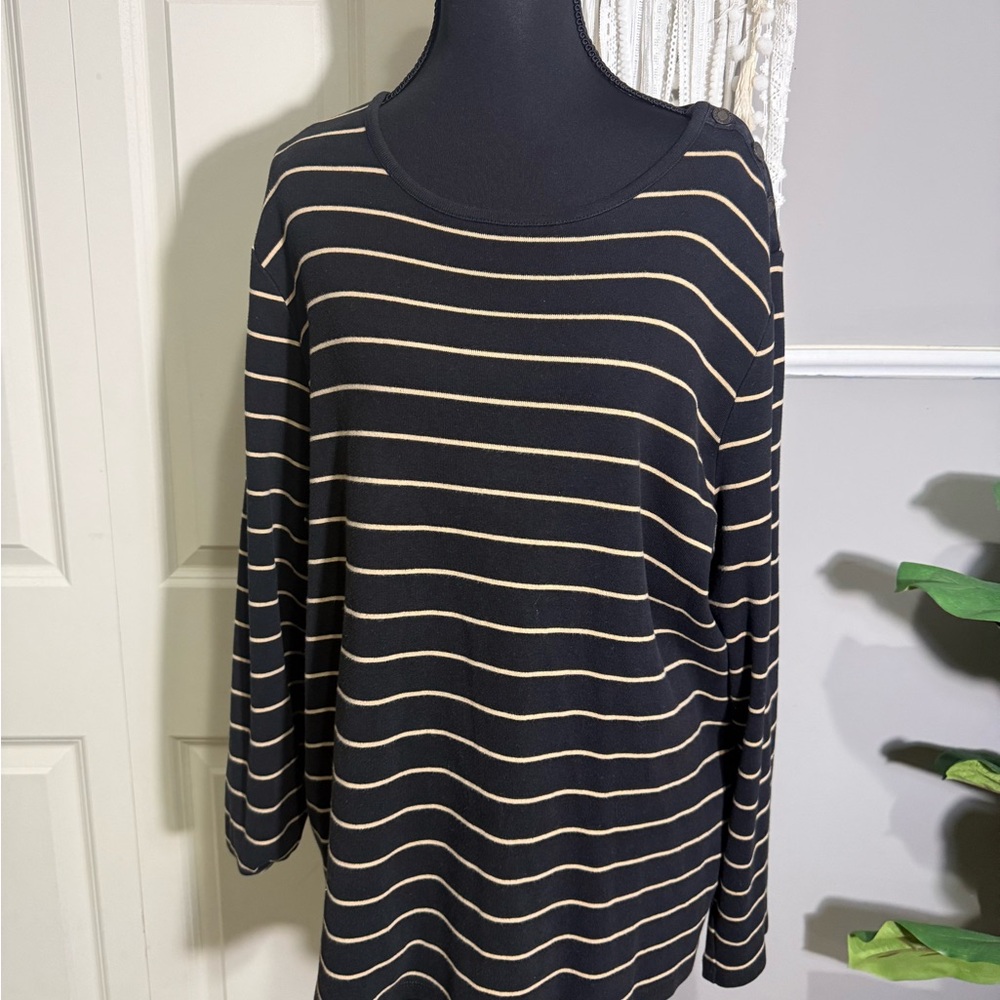 Women's Black Long Sleeve Stripe Tee - Cream Accents plus size 3X
